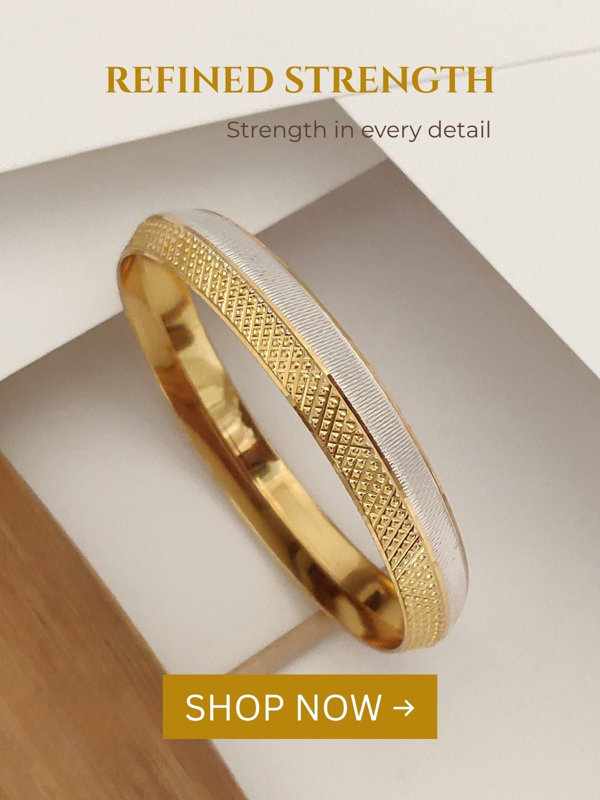 Ruvia Jewels Gold bracelet with textured design on a light background, featuring 'Refined Strength' text