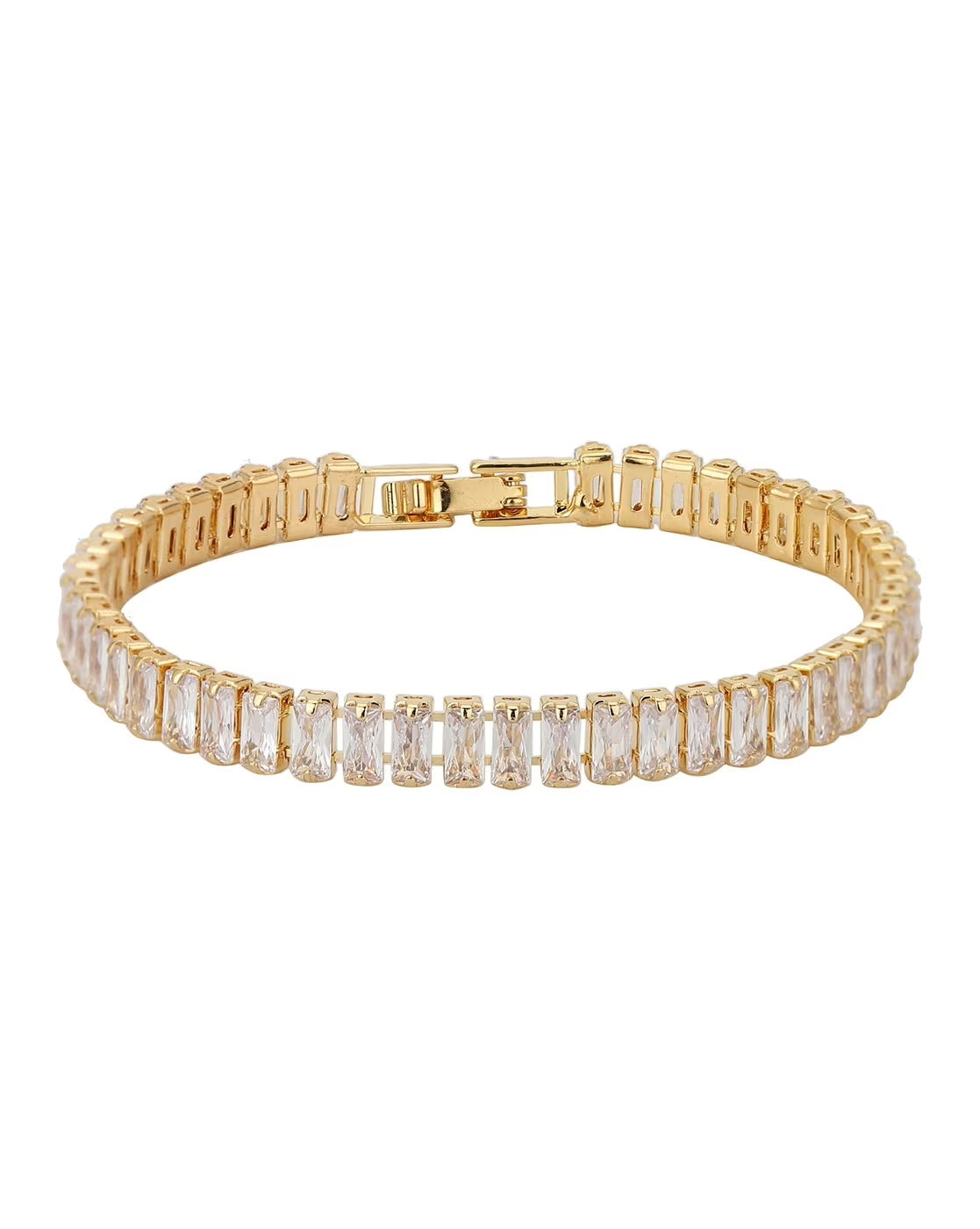 Gold bracelet with clear gemstones on a white background