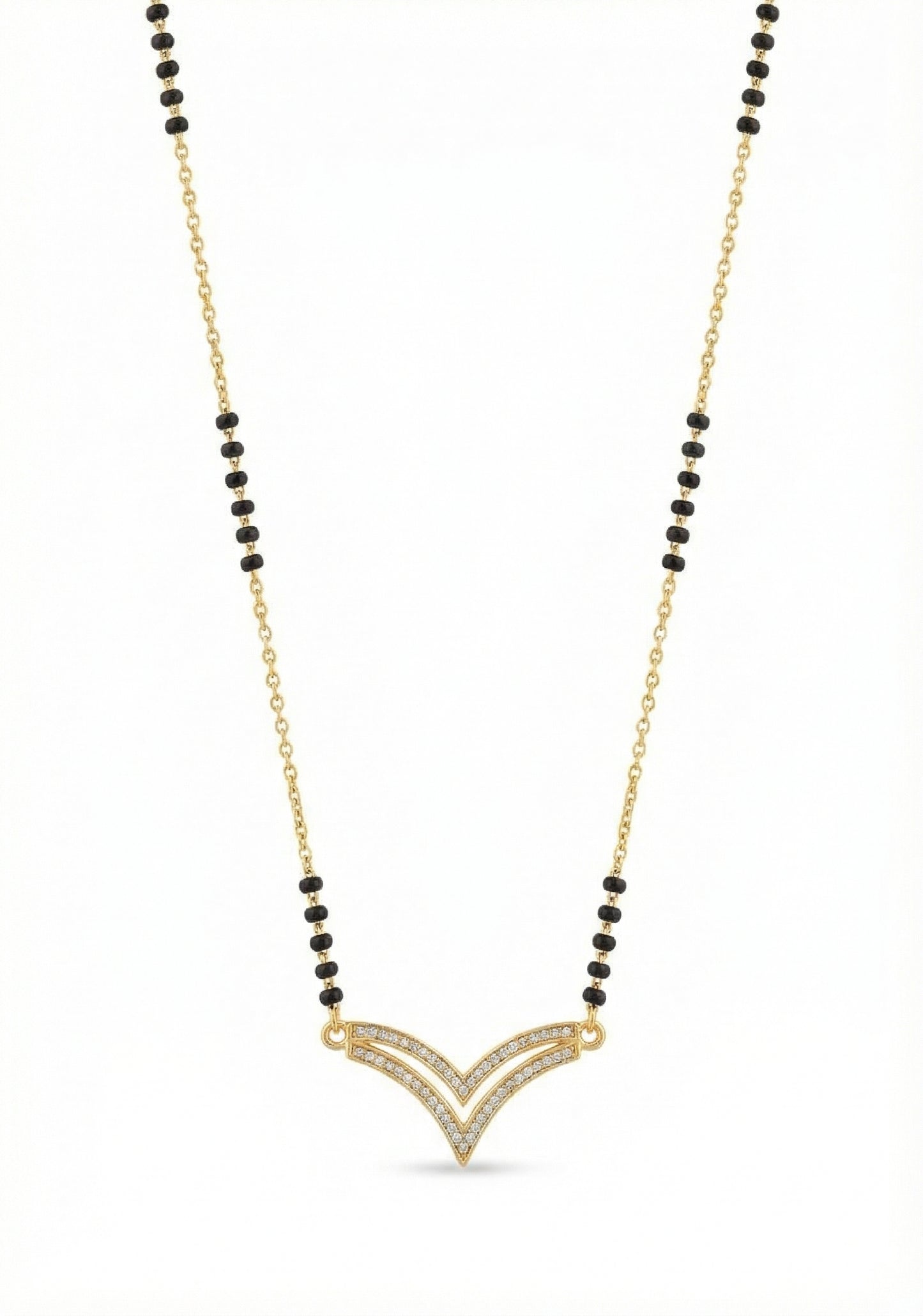 Necklace with gold pendant and black beads on a white background
