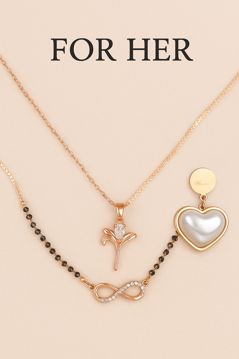Three necklaces with different pendants on a beige background, labeled 'FOR HER'.